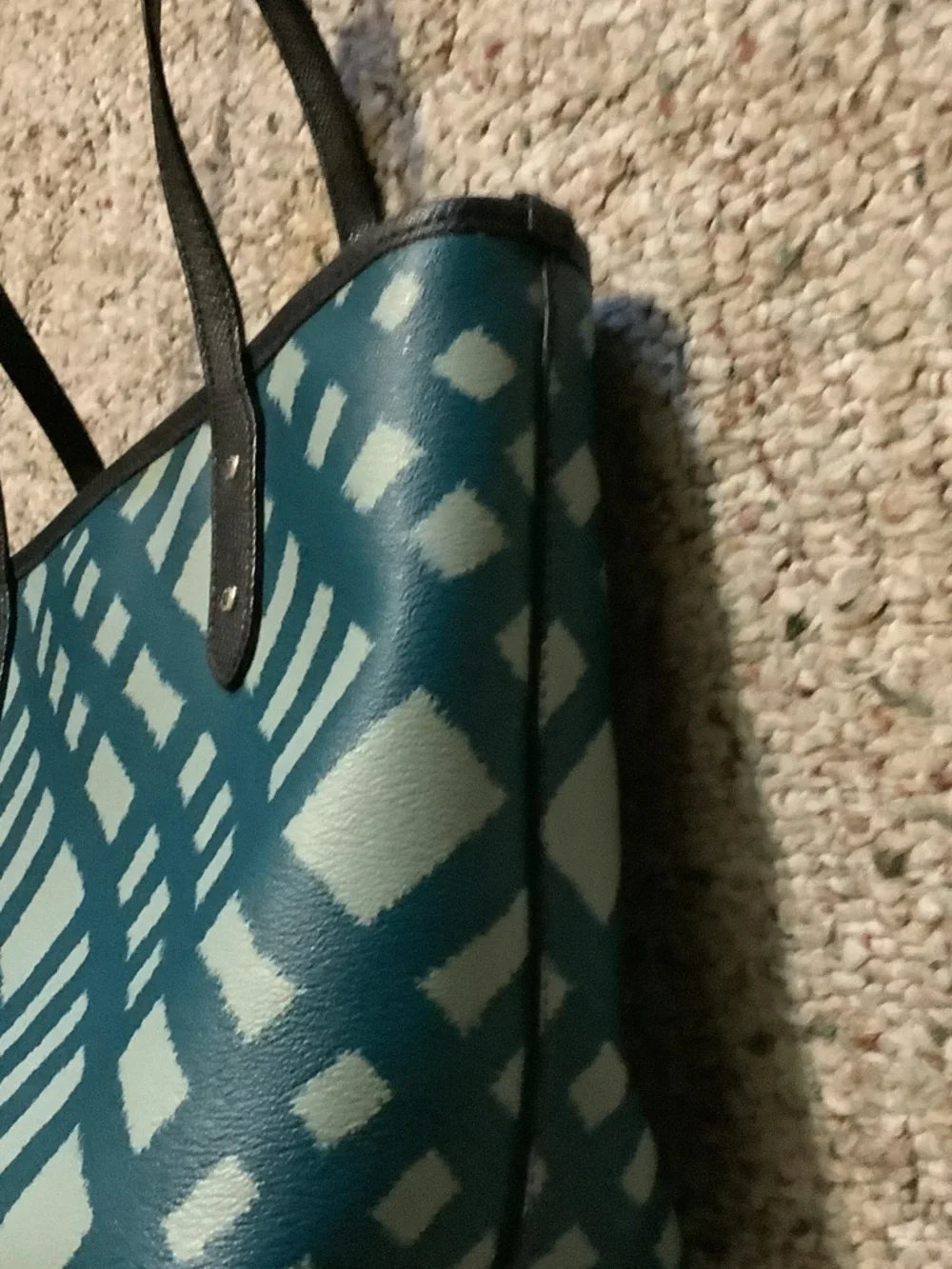 Coach Teal and Light Blue Patterned Tote with Black Straps,‎